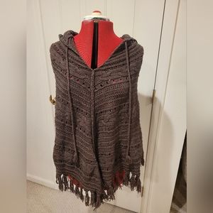 Brown Knit Poncho Comfy Cozy Hooded